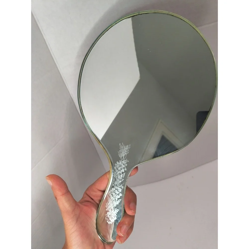 Cottagecore Art Deco Frameless Hand Mirror One Piece Huge Green Glass 1940s VTG